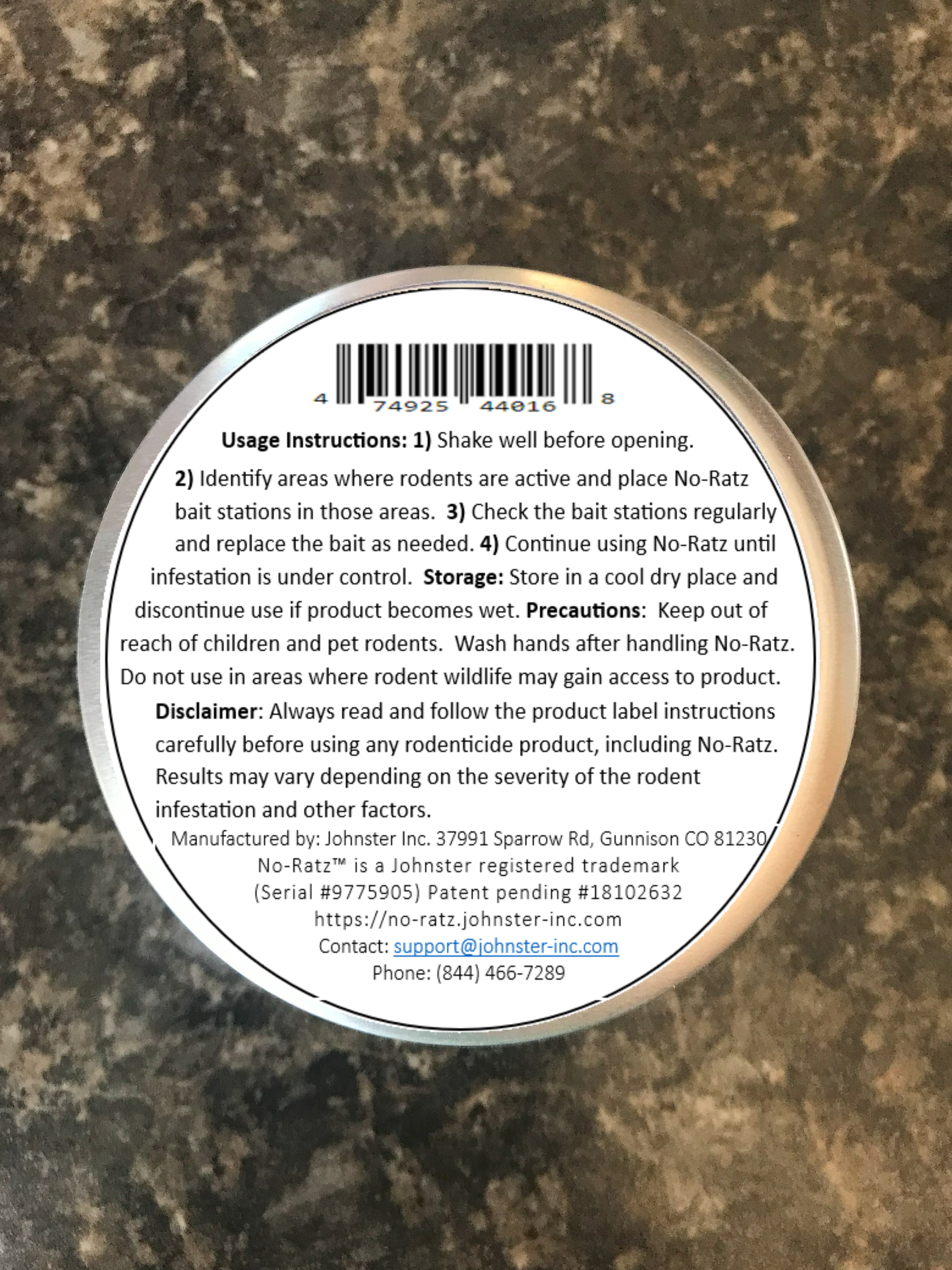 No-Ratz back label including directions and bar code